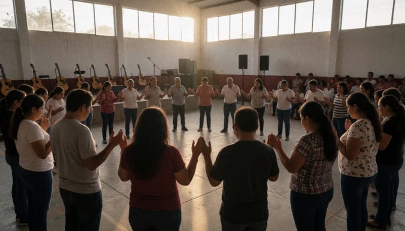 Personas reunidas en un gimnasio durante un momento de oración comunitaria con luz natural