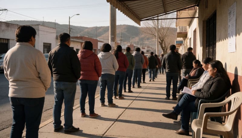 Personas formadas de espaldas sobre una banqueta soleada bajo un toldo, con edificios bajos y cerros áridos al fondo