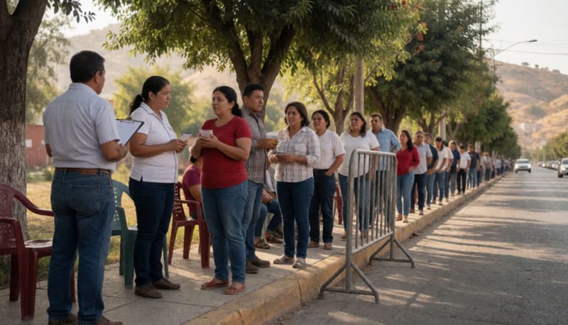 Personas conversando en una fila al aire libre sobre una banqueta arbolada con cerros secos al fondo en la tarde