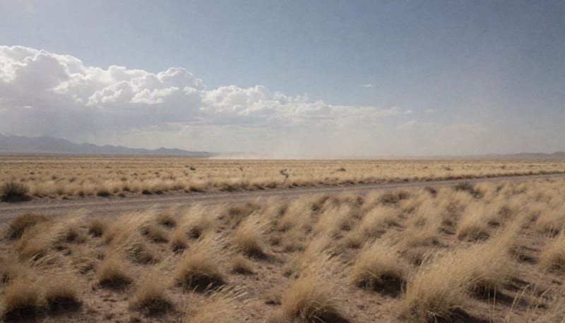 Llanura desértica de Chihuahua con pasto seco doblado por el viento y una tolvanera levantándose en el horizonte
