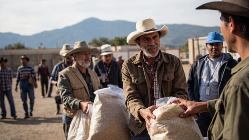 Agricultores recibiendo bultos de semilla de sorgo en una plaza comunal de zona rural