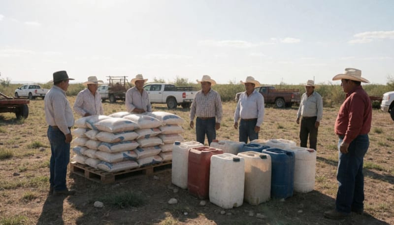 Sacos de alimento para ganado apilados en una zona rural con productores de pie a su alrededor