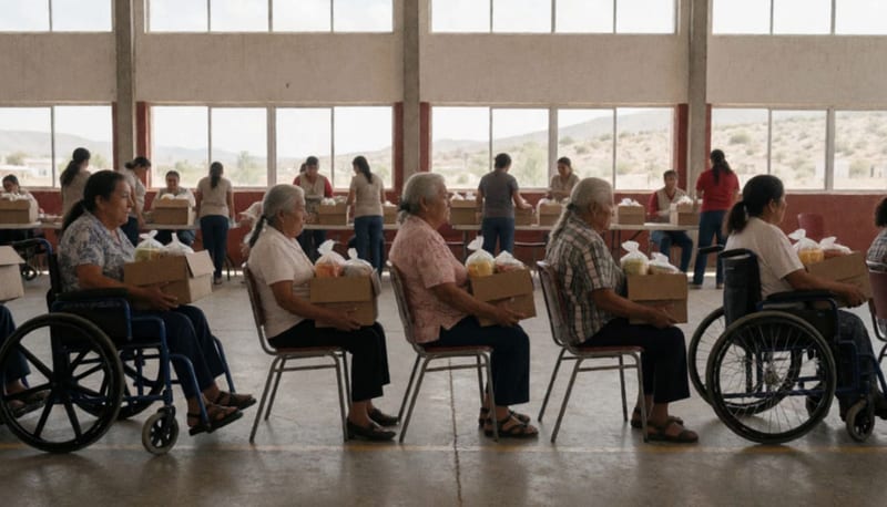 Beneficiarios reciben despensas alimentarias en las instalaciones del Gimnasio Municipal de Delicias