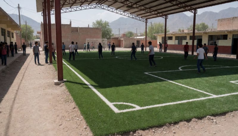 Estudiantes en cancha de fútbol rápido con pasto sintético y techumbre en escuela secundaria de Camargo