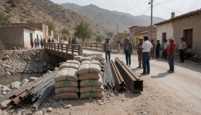 Escombros del puente dañado con materiales de construcción apilados en la comunidad rural