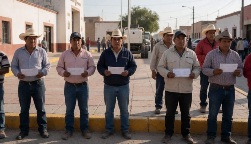 Beneficiarios con documentos de pago frente a espacios públicos del municipio