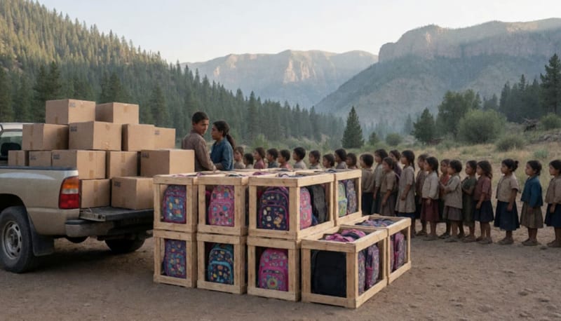 Niños formados de espaldas junto a una camioneta que descarga cajas y mochilas en un patio de tierra rodeado de montañas