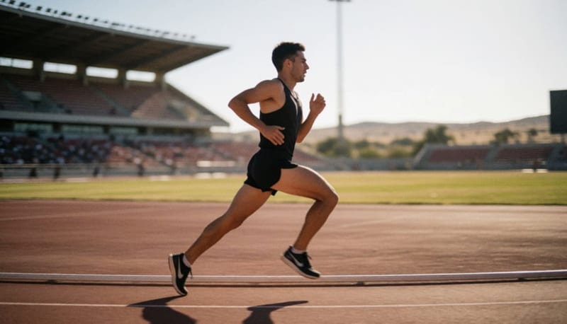 Atleta corriendo a toda velocidad en una pista profesional bajo la luz del mediodía