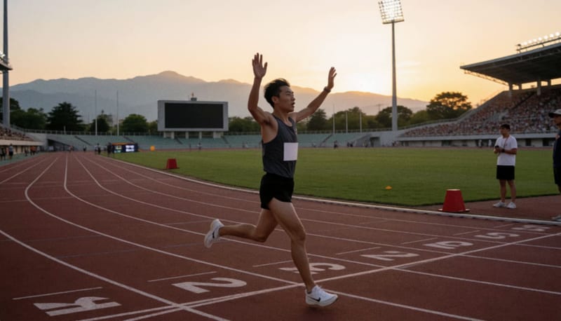 Corredor cruzando la meta con los brazos levantados en una pista de atletismo bajo la luz dorada del atardecer