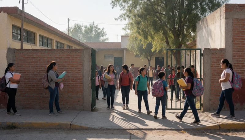 Padres e hijos ingresando a una escuela en Camargo durante la jornada matutina