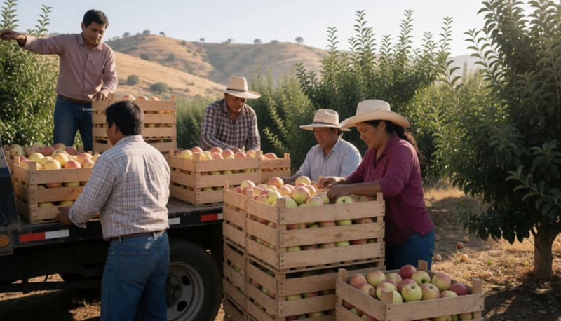 Trabajadores empacan manzanas en cajas de madera junto a una camioneta de carga en un huerto con cerros al fondo