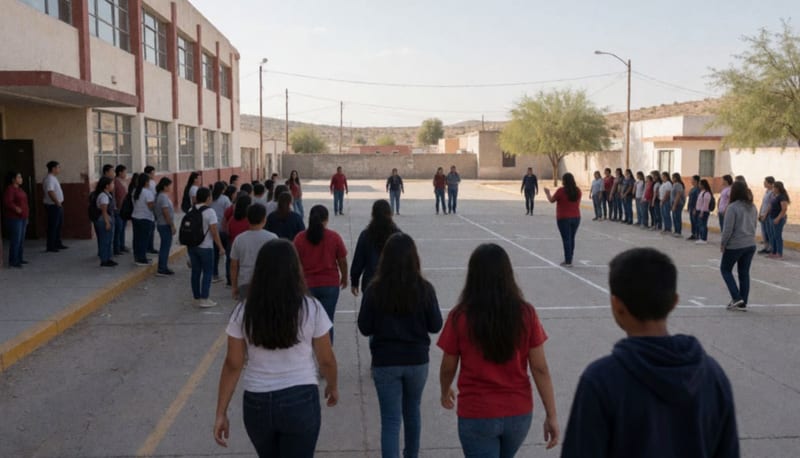Estudiantes y docentes en formación ordenada en el patio de evacuación de una escuela durante simulacro de emergencia