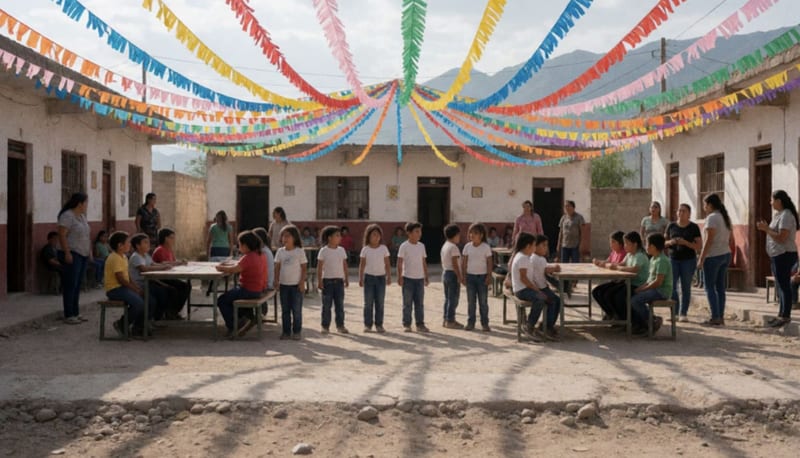 Patio de escuela primaria en Camargo con niños, mesas y decoración para una kermés benéfica