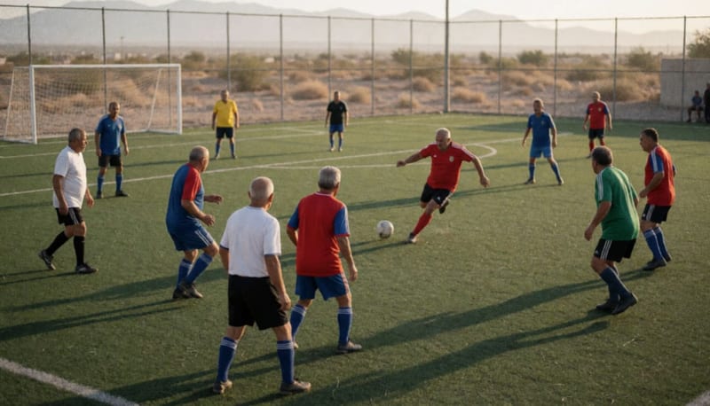 Jugadores veteranos compitiendo en un partido de fútbol sobre cancha sintética con luz de atardecer