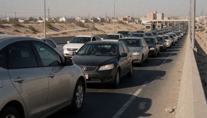 Fila de automóviles esperando en un puente internacional bajo el sol del mediodía