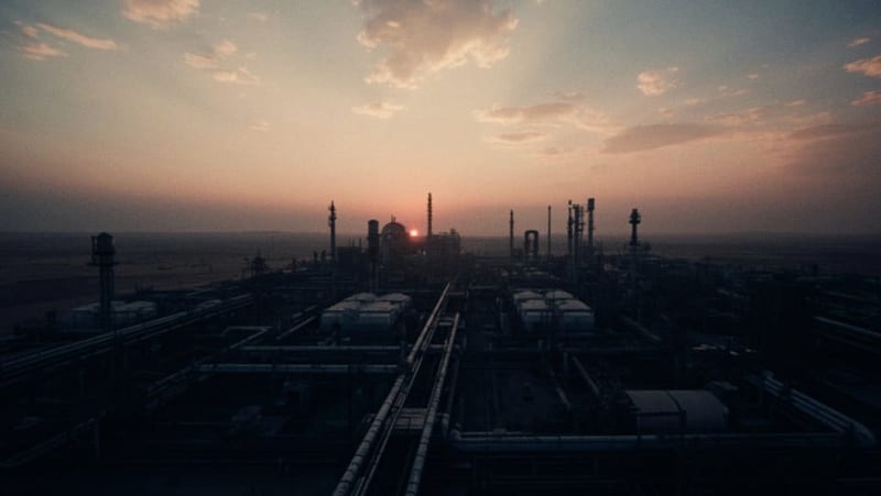Complejo industrial de infraestructura energética en el desierto bajo cielo crepuscular con instalaciones de refinería