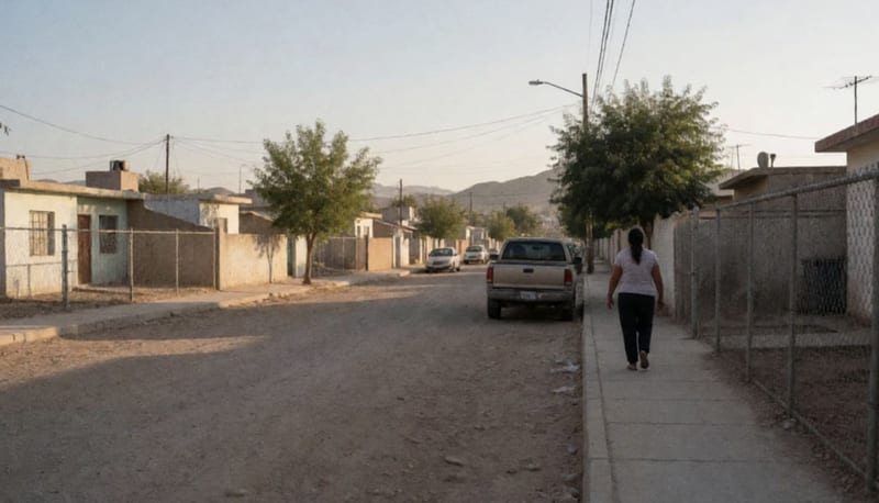 Calle de una colonia residencial con casas de un piso, camioneta estacionada y una mujer caminando por la banqueta al atardecer