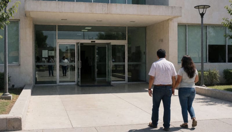 Entrada de un edificio de oficinas de gobierno en un día soleado