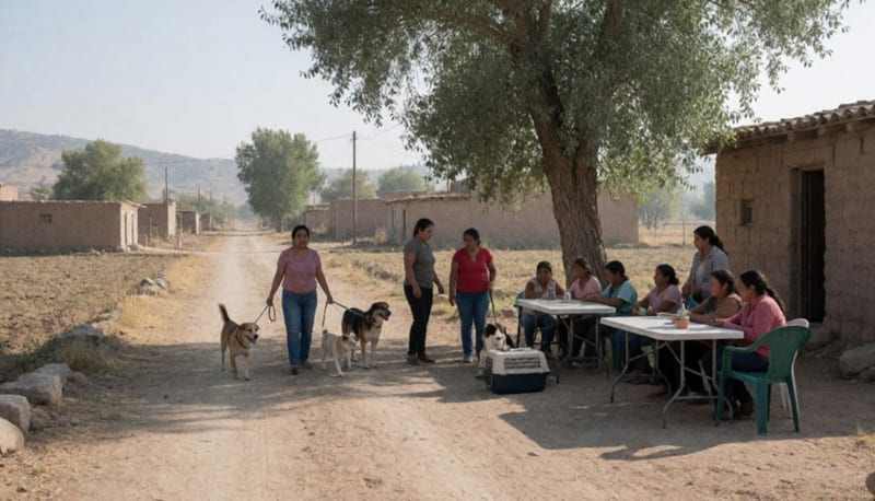 Familias con perros y un gato en transportadora esperan a la sombra de un árbol en un camino de tierra rural