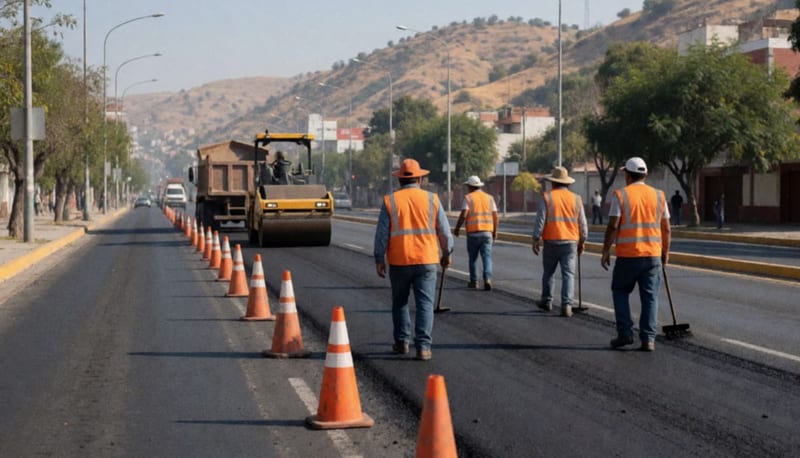 Trabajadores con chalecos naranjas reparan el asfalto de una avenida amplia con conos, rodillo y camión de volteo