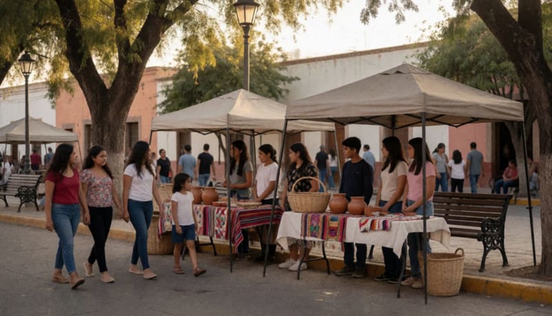 Familias recorren mesas con cestas, cerámica y textiles artesanales en una plaza de pueblo al atardecer
