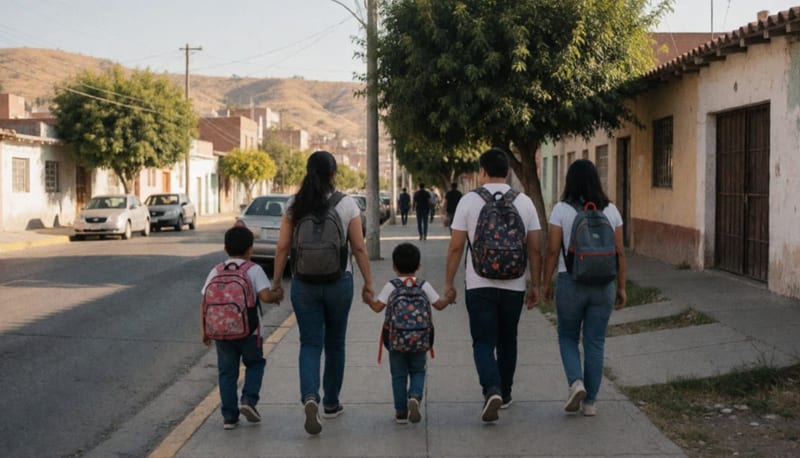 Familias con niños y mochilas caminan por una banqueta soleada de una ciudad del norte de México al atardecer
