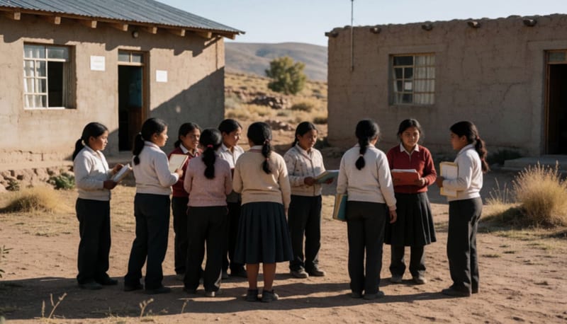Estudiantes reunidas en el patio de una institución educativa rural con edificios de adobe al fondo