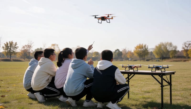 Jóvenes en un campo abierto preparan un dron artesanal mientras otro vuela sobre ellos, con más aeronaves sobre una mesa plegable