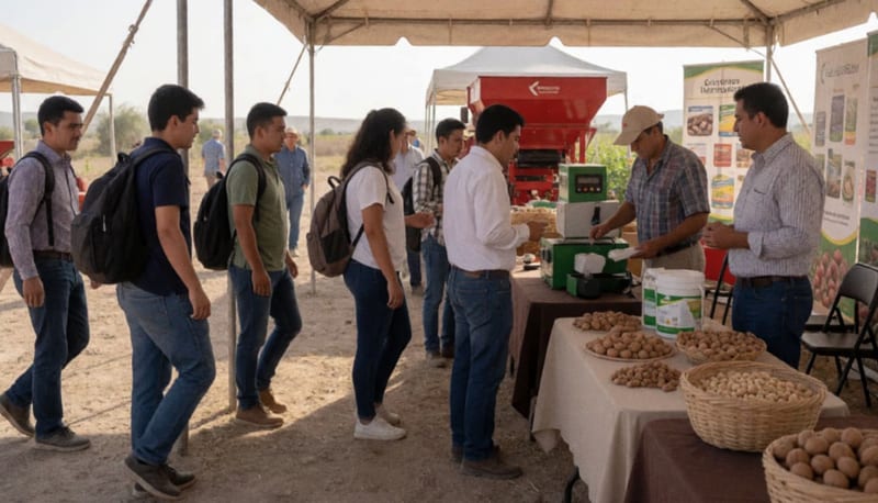 Estudiantes examinando maquinaria agrícola y equipos de clasificación de nuez en una feria del sector agropecuario