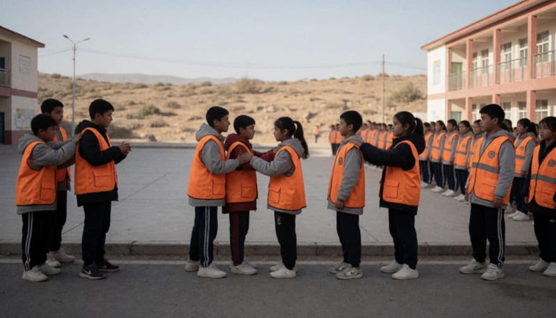 Estudiantes en chalecos de protección realizando un simulacro de evacuación en el patio de la escuela