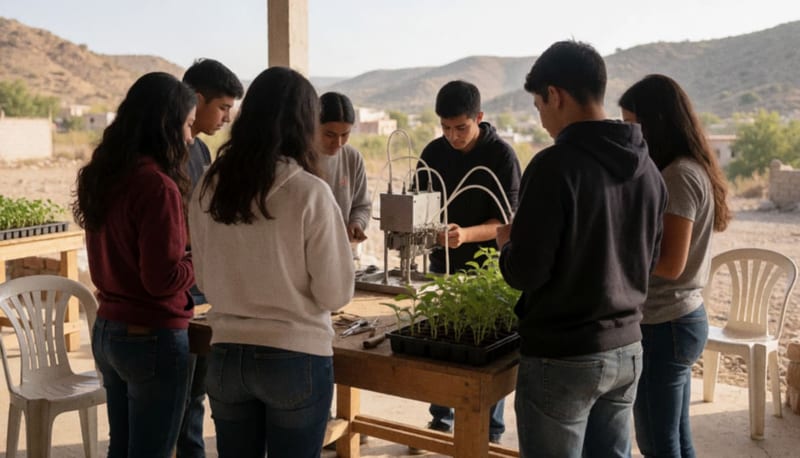 Estudiantes de espaldas trabajando en una mesa de madera con una máquina metálica y charolas de plántulas en un taller al aire libre