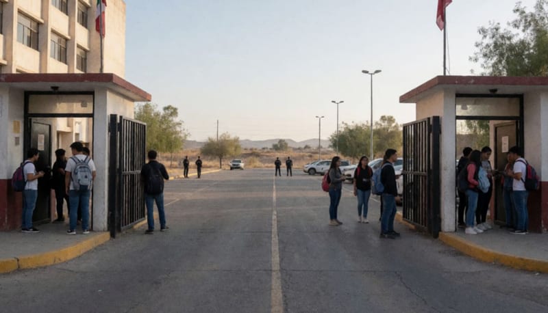 Entrada de campus universitario con estudiantes reunidos cerca de puertas bloqueadas durante la mañana