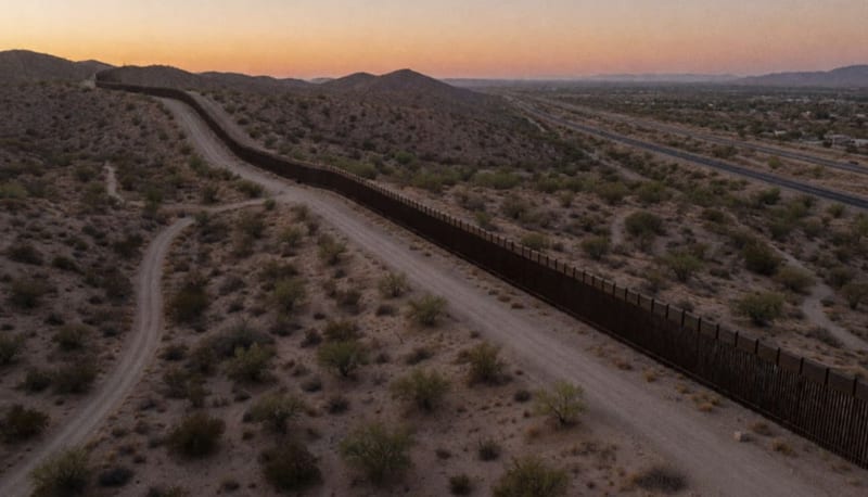 Vista aérea de una barda fronteriza de acero que cruza colinas áridas del desierto al atardecer