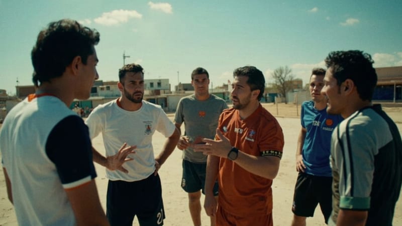 Grupo de exfutbolistas conversando en un espacio abierto, sus gestos expresando reclamo y desacuerdo