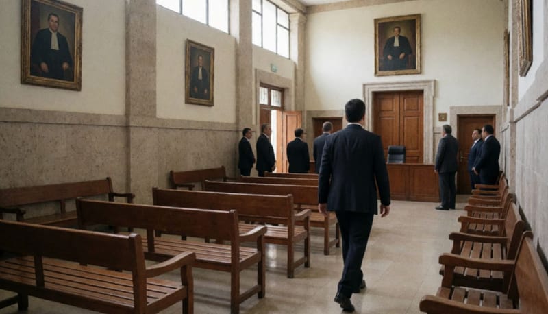 Pasillo de juzgado con hombre de traje caminando hacia puertas de sala