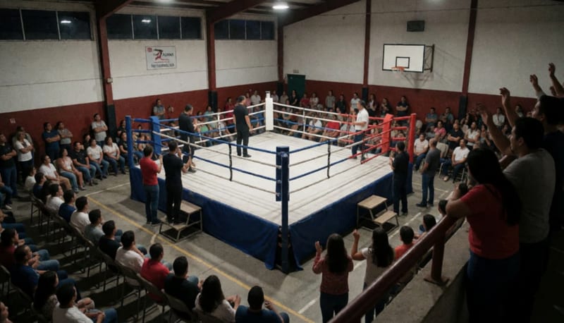 Cuadrilátero de boxeo rodeado de espectadores en las gradas del gimnasio durante la velada nocturna