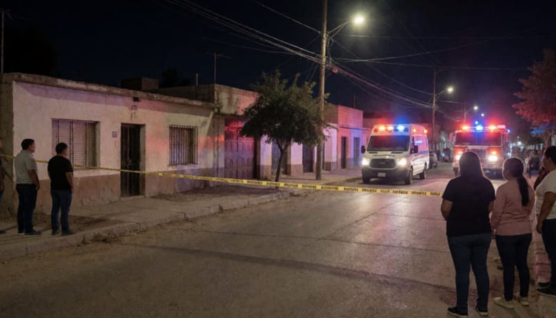 Calle de una colonia de Chihuahua de noche con cinta de seguridad, una ambulancia y una unidad de bomberos frente a una vivienda
