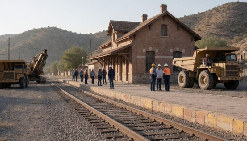 Andén de una antigua estación de ferrocarril con maquinaria minera amarilla estacionada y grupos de personas con casco al atardecer