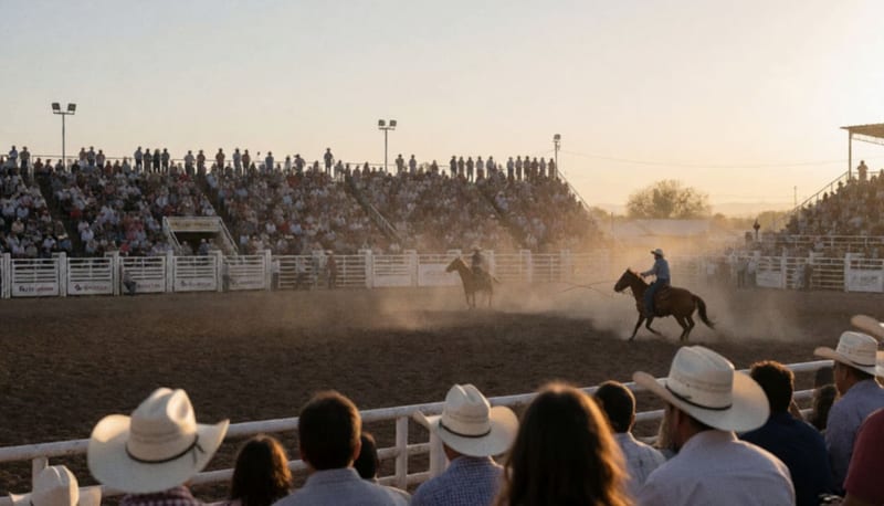 Jinete a caballo en un ruedo de rodeo con gradas llenas al atardecer