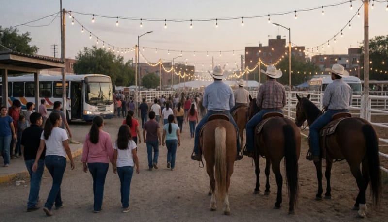 Entrada de una feria ganadera al atardecer con jinetes y familias caminando hacia la arena