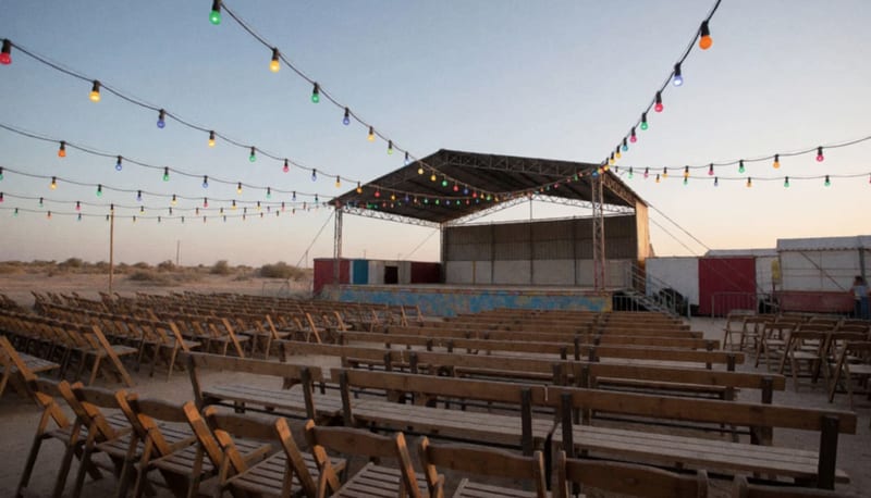 Escenario del palenque remodelado con luces de colores y asientos vacíos al atardecer