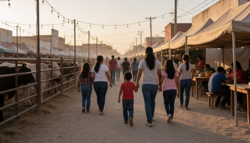 Familias caminan por un recinto ferial polvoso al atardecer junto a corrales con ganado y puestos de comida