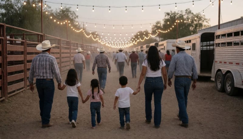 Familias y hombres con sombrero vaquero caminan al atardecer entre corrales de madera y focos encendidos en una feria ganadera