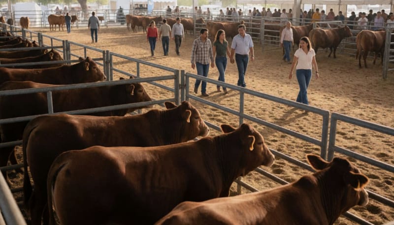 Corrales con ganado en una feria ganadera y visitantes caminando a lo lejos