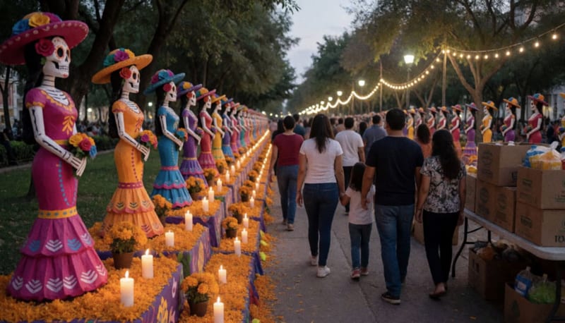 Catrinas y altares con flores de cempasúchil iluminados por velas en un parque al atardecer, con familias paseando