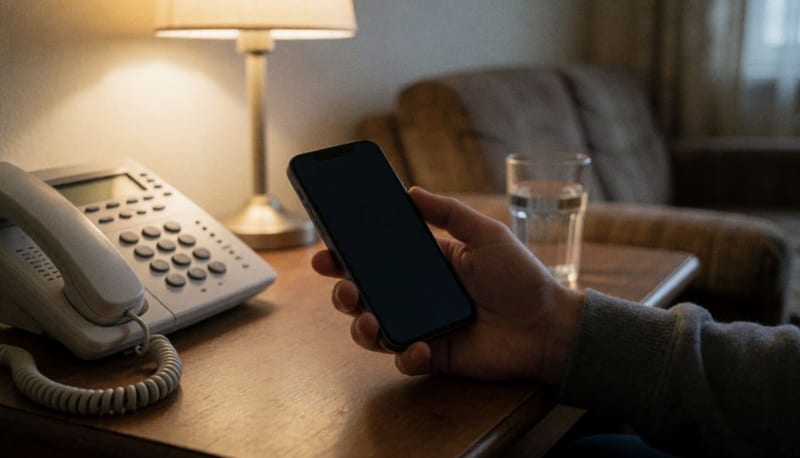 Mano sosteniendo un teléfono celular con la pantalla oscura sobre una mesa en una sala