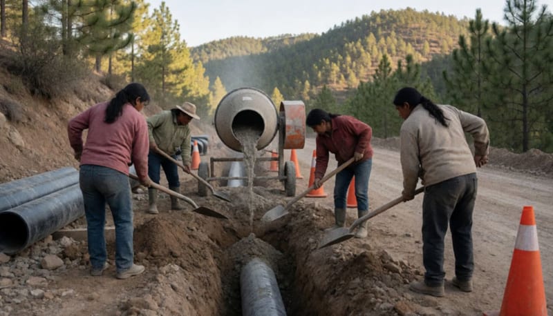 Habitantes de una comunidad serrana trabajan en una zanja para tubería junto a un camino de terracería entre cerros con pinos