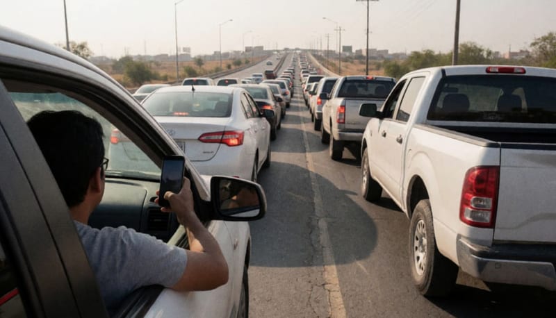 Fila de autos y camionetas avanzando lentamente hacia un puente fronterizo mientras un conductor sostiene un celular por la ventanilla