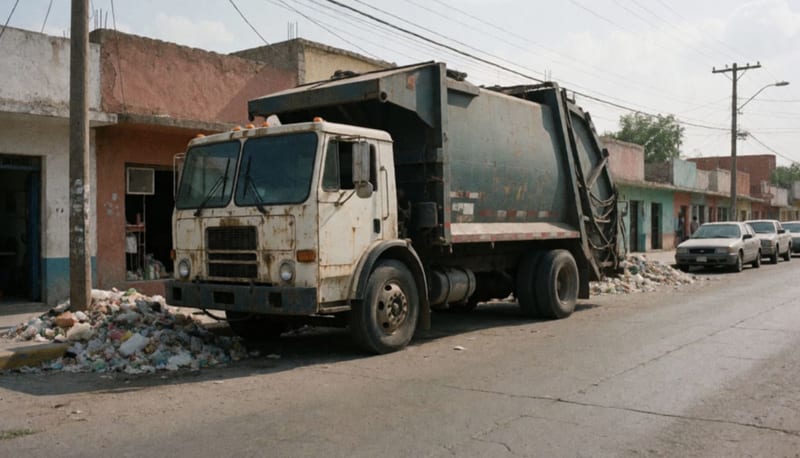 Camión recolector de basura estacionado en una calle de Camargo con acumulación de residuos en las banquetas