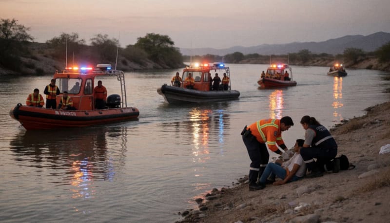 Personal de rescate asistiendo a pasajeros en la orilla de una vía acuática al atardecer